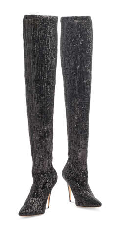 A PAIR OF BLACK SEQUINNED STRETCH THIGH HIGH HIGH HEELED BOOTS - фото 1