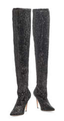 A PAIR OF BLACK SEQUINNED STRETCH THIGH HIGH HIGH HEELED BOOTS