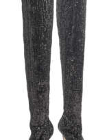 A PAIR OF BLACK SEQUINNED STRETCH THIGH HIGH HIGH HEELED BOOTS