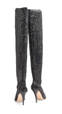 A PAIR OF BLACK SEQUINNED STRETCH THIGH HIGH HIGH HEELED BOOTS - photo 4