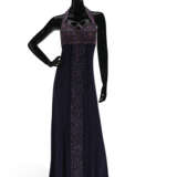 A NAVY BLUE GLITTER PONGEE SILK HALTER TOP EVENING DRESS WITH MULTI-COLORED RHINESTONE DETAILS - photo 1