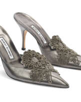 A PAIR OF RHINESTONE-APPLIED SILVER LEATHER MULES