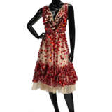 A RED SEQUIN AND PAILLETTE-APPLIED BEIGE TULLE COCKTAIL DRESS - фото 1
