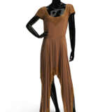 A BROWN PONGEE SILK 'TUNIC-STYLE' DRESS WITH GOLD BEAD DETAILS - photo 1