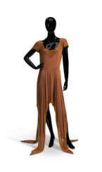 A BROWN PONGEE SILK 'TUNIC-STYLE' DRESS WITH GOLD BEAD DETAILS