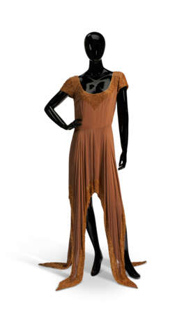 A BROWN PONGEE SILK 'TUNIC-STYLE' DRESS WITH GOLD BEAD DETAILS - photo 1