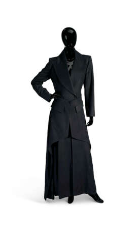 A BLACK SATIN-LINED WOOL DOUBLE-BREASTED LONG COAT - photo 1