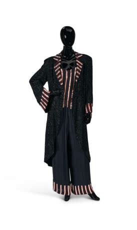 A RED AND SILVER BEADED STRIPED BLACK SILK TUNIC, TROUSERS, AND TAIL COAT - photo 1
