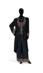A RED AND SILVER BEADED STRIPED BLACK SILK TUNIC, TROUSERS, AND TAIL COAT
