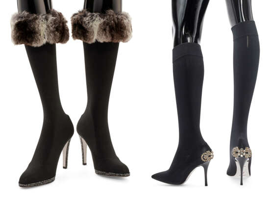 TWO PAIRS OF BLACK STRETCH HIGH HEEL BOOTS - фото 1