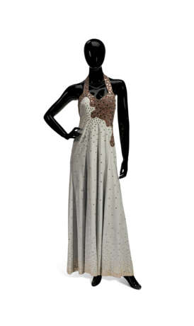 A METALLIC SILVER AND BROWN SILK HALTER TOP EVENING DRESS WITH GOLD AND SILVER STUD AND SEQUIN DETAILS - photo 1