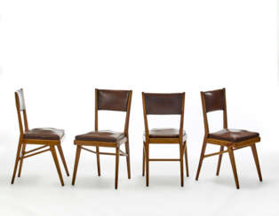 Lot comprising four chairs with wooden structure and brown seat. Italy, 1940s/1950s. (44x88x51 cm.) (slight defects and restoration)