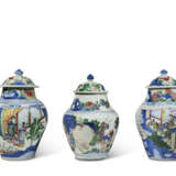 TWO WUCAI 'FIGURAL' BALUSTER JARS AND COVERS AND A WUCAI 'ELEPHANT' BALUSTER JAR AND COVER - фото 1