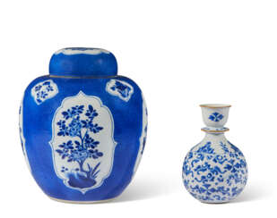 A BLUE AND WHITE POWDER-BLUE-GROUND JAR AND COVER AND A BLUE AND WHITE HUQQA BASE