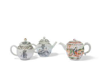TWO GRISAILLE-DECORATED AND A FAMILLE ROSE 'EUROPEAN SUBJECT' TEAPOTS AND COVERS