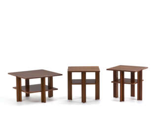 Group of three coffee tables in veneered solid wood. Milan, 1960s. (different dimensions. cm 54.5x54.5x54.5 e cm 70.5x45.5x70.5) (slight defects)