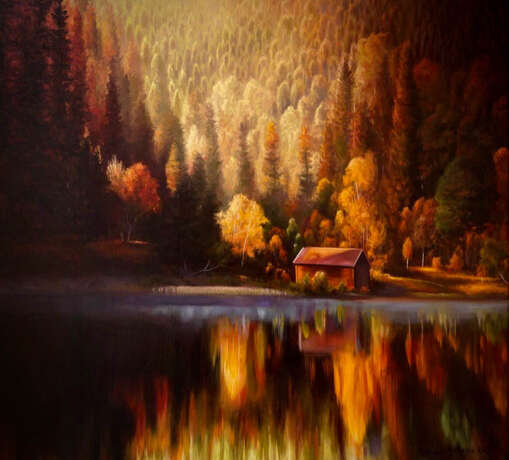 Домик у озера Canvas on the subframe Oil paint Romanticism Landscape painting Ukraine 2023 - photo 1