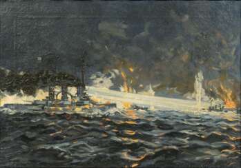 Claus Bergen (Stuttgart 1885 - Lenggries 1964), zugeschr. SMS Nassau beschießt HMS Spitfire in der Skagerrak-Schlacht.