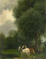 Leopold Graf von Kalckreuth (Düsseldorf 1855 - Eddelsen/Hittfeld 1928). Reiter an der Tränke.