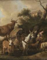 Adriaen van de Velde (Amsterdam 1636 - Amsterdam 1672), Umkreis. Hirtin mit Packtier und Herde.