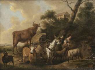Adriaen van de Velde (Amsterdam 1636 - Amsterdam 1672), Umkreis. Hirtin mit Packtier und Herde.