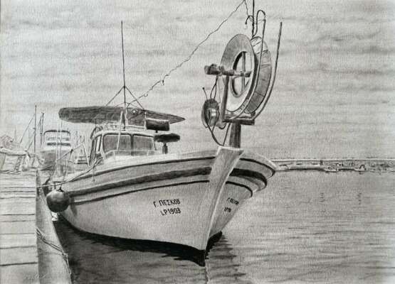 Рыбацкая лодка Aquarellpapier Trockenbürsten Realismus Landschaftsmalerei Zypern 2023 - Foto 1