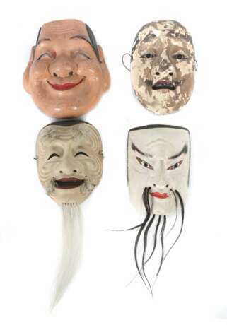 Vier No-Masken Japan, Holz geschnitzt und gefasst, z. T - Foto 1