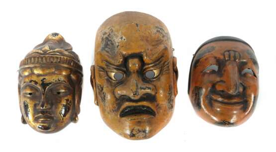 Drei No-Masken Japan, Holz geschnitzt und gefasst, z. T - Foto 1
