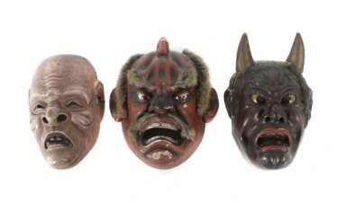 Drei Wayang Topeng Masken Indonesien, Holz/farbig gefas