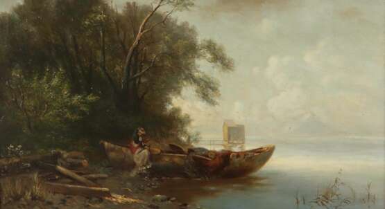 Maler des 19. Jh. ''Lesende am Boot'', Blick auf ein Se - Foto 1