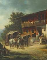 Maler des 19. Jh. ''Bauernhaus'', vor dem Eingang ein R