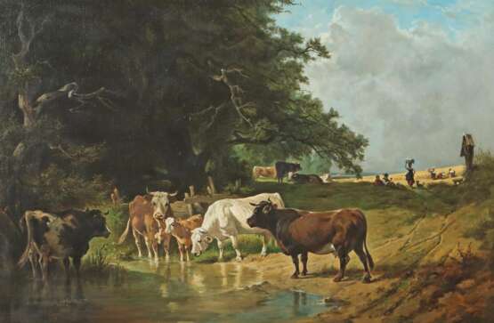 Maler des 19./20. Jh. ''Kühe an der Tränke'', Sommerlan - photo 1