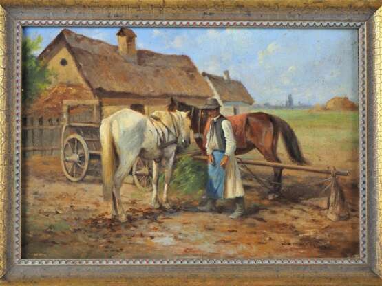 Kleines Ölgemälde, wohl ungarischer Maler, Pferdegespann mit Bauer - sign. "Nemeth" - фото 1