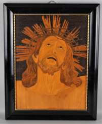 Sakrales Intarsienbild, Jesus Christus mit Dornenkrone, um 1920/30