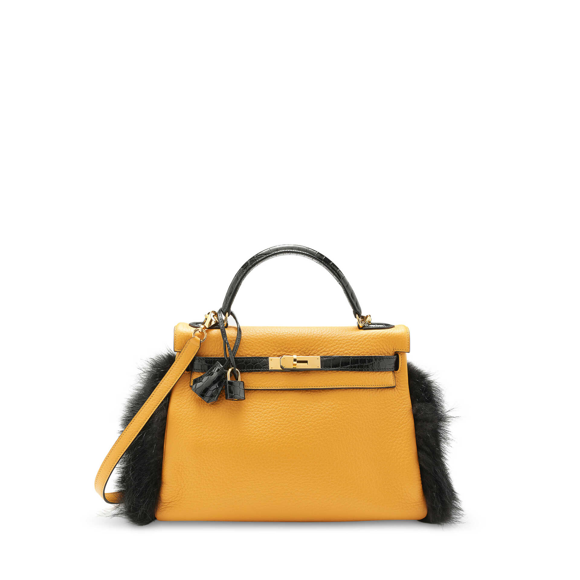 A RARE, PETIT H JAUNE D'OR CLÉMENCE LEATHER, SHINY BLACK CROCODILE & BLACK FOX FUR KELLY 28 WITH GOLD HARDWARE