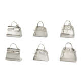 A GROUP OF SIX SILVER PILL BOXES IN THE SHAPE OF BAGS - photo 1