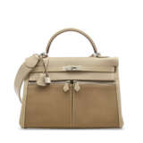 A GREIGE CALF BOX LEATHER & TOILE LAKIS KELLY 35 WITH PALLADIUM HARDWARE - Foto 1