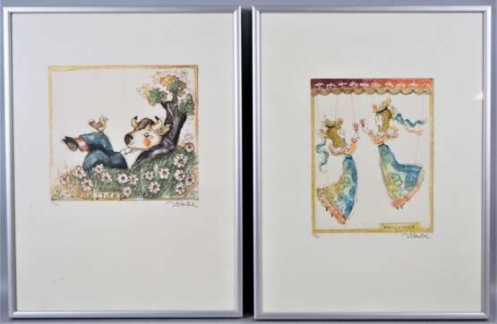 Simon Dittrich (geb. 1940) Zwei Farblithographien, Sternzeichen "Zwillinge" und "Stier", 1991 - Foto 1