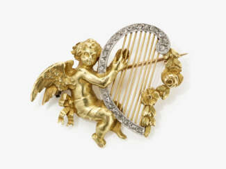 Historische Brosche "mit einem Harfe spielenden Engel" verziert mit Diamantrosen - Frankreich, 1880er Jahre
