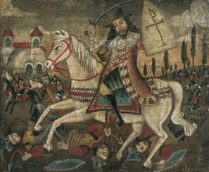 Spanien 17./18. Jh. - Ein Reiter mit Schwert und einem Schild mit Christusmonogramm im Kampf gegen Nichtchristen