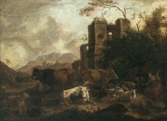 Johann Heinrich Roos, zugeschrieben - Hirten mit Vieh in südlicher Ruinenlandschaft