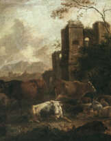 Johann Heinrich Roos, zugeschrieben - Hirten mit Vieh in südlicher Ruinenlandschaft
