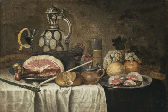Cornelis Mahu, zugeschrieben - Stillleben mit Schinken, Krug und Früchten - Foto 1