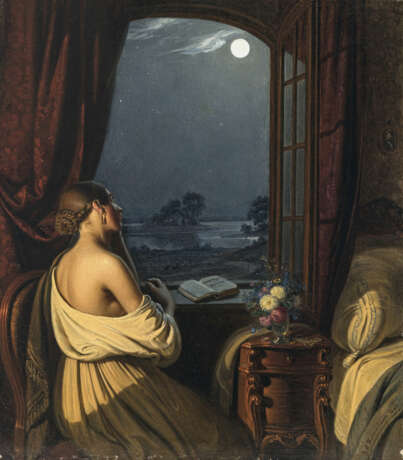 Johann Peter Hasenclever - Junge Frau am offenen Fenster, in Betrachtung des Vollmondes - Foto 1