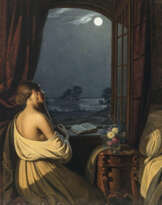 Johann Peter Hasenclever - Junge Frau am offenen Fenster, in Betrachtung des Vollmondes