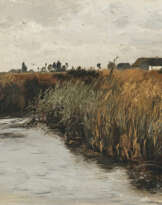 Eduard Schleich d. J. - Schilf bestandenes Gewässer mit Blick auf ein Gehöft