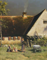 Paul Wilhelm Keller-Reutlingen - Mutter mit Kindern vor dem Bauernhaus