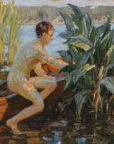 Hugo Vogel - Akt im Kahn am Seeufer