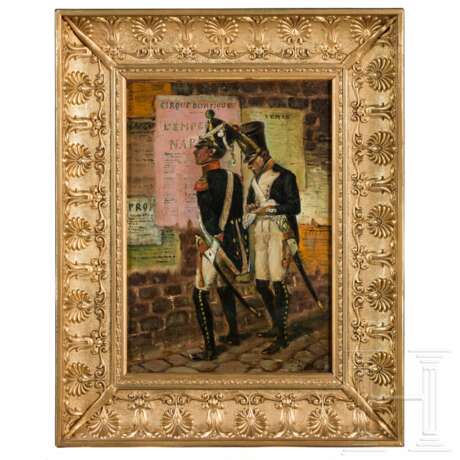 Zwei napoleonische Infanteristen an Mauer, Ölgemälde, 19. Jhdt. - Foto 1