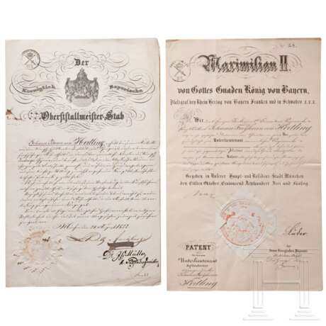 König Maximilian II. - Patent zum Unterlieutenant für Johann Freiherr von Hertling und weiteres Schreiben, 1853/1852 - Foto 1